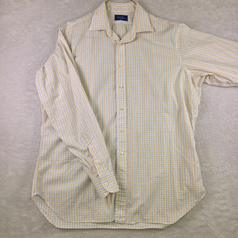 Tom James Mens Gingham Check Button Down Shirt Yellow Blue Long Sleeve 27x32